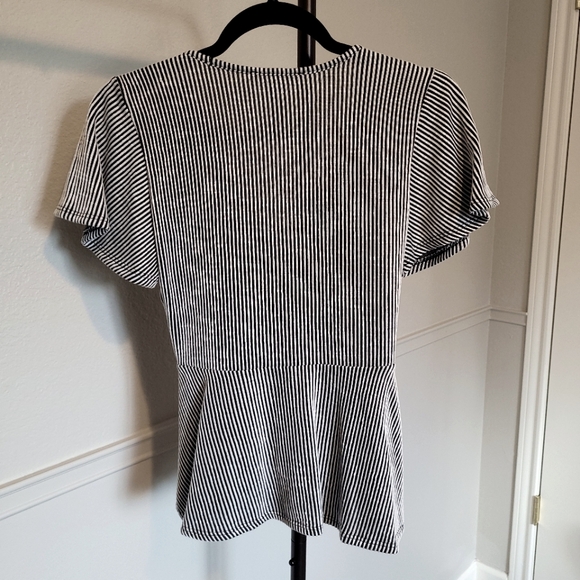 Caution To The Wind Black and White Striped Peplum Wrap Tie Front Blouse - Picture 2 of 8